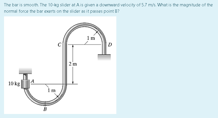 The bar is smooth. The 10-kg slider at A is given a downward velocity of 5.7 m/s. What is the magnitude of the
normal force the bar exerts on the slider as it passes point B?
1m
C
D
10 kg
|A
B
1 m
2 m