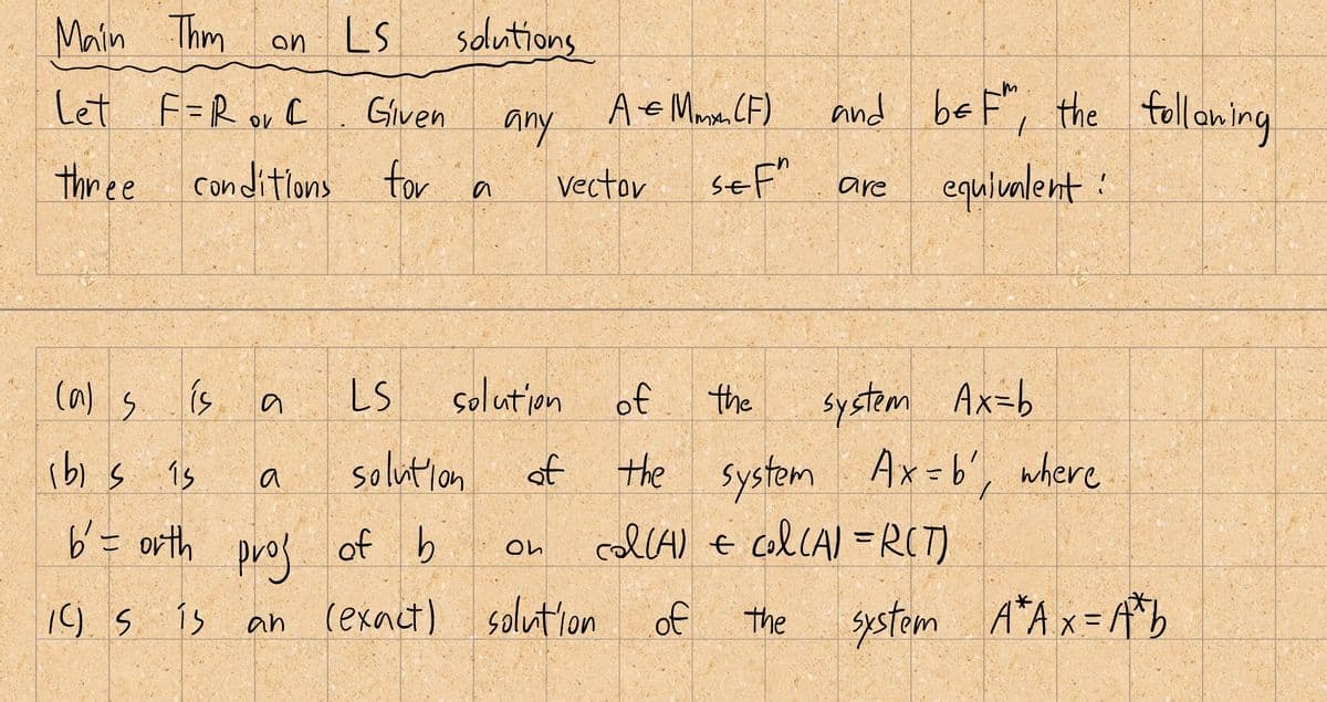 Main Thm
Let F=R ov (
Given
three conditions for a
on LS
(a) s
ibi s is
b' = orth
1C) S is
is a
solutions
any
a
A = Mmx (F)
LS
solution
pros
of b
an (exact) solution of
vector
solution of
of
Oh
SEF"
and be FM, the following
equivalent:
the
are
the
system Ax=b
the system Ax=b', where
cal(A) & col(A) = R(T)
system A*Ax=A* b