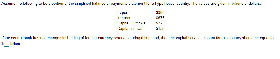 Assume the following to be a portion of the simplified balance of payments statement for a hypothetical country. The values are given in billions of dollars.
Exports
Imports
Capital Outflows
Capital Inflows
$900
- $675
- $225
$135
If the central bank has not changed its holding of foreign-currency reserves during this period, then the capital-service account for this country should be equal to
billion.
