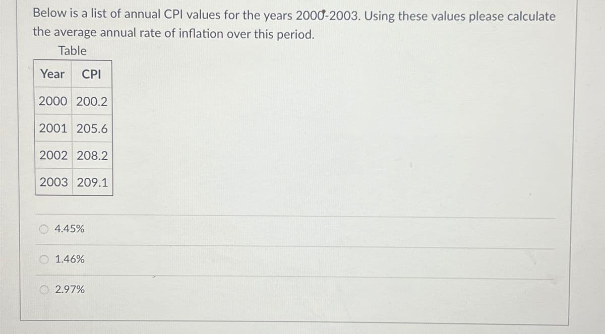 Below is a list of annual CPI values for the years 2000-2003. Using these values please calculate
the average annual rate of inflation over this period.
Table
Year
CPI
2000 200.2
2001 205.6
2002 208.2
2003 209.1
4.45%
1.46%
2.97%
