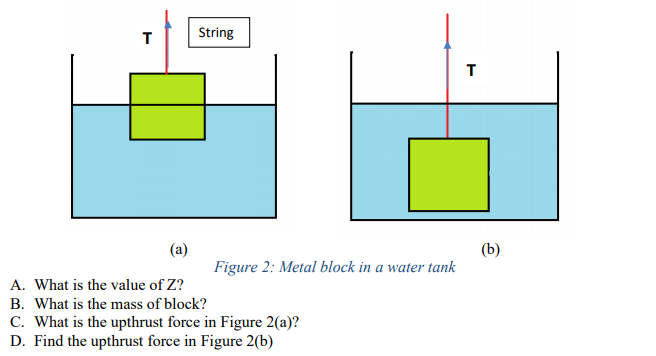 String
T
(a)
(b)
Figure 2: Metal block in a water tank
A. What is the value of Z?
B. What is the mass of block?
C. What is the upthrust force in Figure 2(a)?
D. Find the upthrust force in Figure 2(b)
