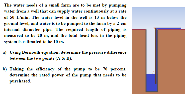 The water needs of a small farm are to be met by pumping
water from a well that can supply water continuously at a rate
of 50 L/min. The water level in the well is 13 m below the
ground level, and water is to be pumped to the farm by a 2-cm
internal diameter pipe. The required length of piping is
measured to be 20 m, and the total head loss in the piping
system is estimated to be 10 m.
a) Using Bernoulli equation, determine the pressure difference
between the two points (A & B).
b) Taking the efficiency of the pump to be 70 percent,
determine the rated power of the pump that needs to be
purchased.