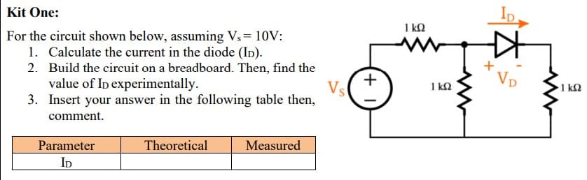 Kit One:
1 k2
For the circuit shown below, assuming Vs= 10V:
1. Calculate the current in the diode (In).
2. Build the circuit on a breadboard. Then, find the
value of Ip experimentally.
3. Insert your answer in the following table then,
Vp
Vs
1 kN
1 k2
comment.
Parameter
Theoretical
Measured
Ip
