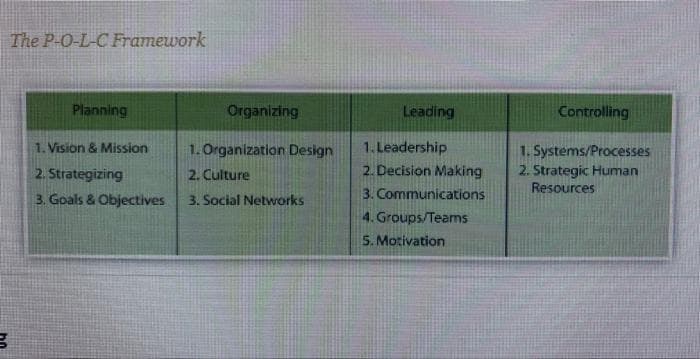 The P-O-L-C Framework
g
Planning
1. Vision & Mission
2. Strategizing
3. Goals & Objectives
Organizing
1. Organization Design
2. Culture
3. Social Networks
Leading
1. Leadership
2. Decision Making
3. Communications
4. Groups/Teams
5. Motivation
Controlling
1. Systems/Processes
2. Strategic Human
Resources