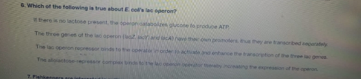 6. Which of the following is true about E. coll's lac operon?
If there is no lactose present, the operon catabolizes glucose to produce ATP
The three genes of the lac operon (lacz. lacy and lacA) have their own promoters, thus they are transcribed separately.
The lac operon repressor binds to the operator in order to activate and enhance the transcription of the three lac genes.
The allolactose-repressor complex binds to the lac operon operator thereby increasing the expression of the operon.
7. Fishkecners are inte