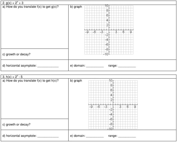 2. g(x) = 2* + 3
a) How do you translate f(x) to get g(x)?
TOT
8-
6
b) graph
2
-9
-6
-3
-2
-4
-6
-8-
c) growth or decay?
10L
d) horizontal asymptote:
e) domain:
range:
3. h(x) = 2* - 5
a) How do you translate f(x) to get h(x)?
b) graph
10
8
4
-3
3
-21
-6
-4
-6-
c) growth or decay?
-8
10
d) horizontal asymptote:
e) domain:
range:
to
to
to
eo
