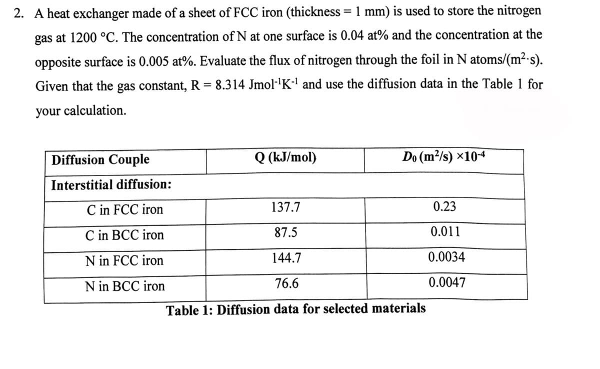 2. A heat exchanger made of a sheet of FCC iron (thickness = 1 mm) is used to store the nitrogen
gas at 1200 °C. The concentration of N at one surface is 0.04 at% and the concentration at the
opposite surface is 0.005 at%. Evaluate the flux of nitrogen through the foil in N atoms/(m².s).
Given that the gas constant, R = 8.314 Jmol ¹K-1 and use the diffusion data in the Table 1 for
your calculation.
Diffusion Couple
Q (kJ/mol)
Do (m²/s) ×10-4
Interstitial diffusion:
C in FCC iron
137.7
C in BCC iron
87.5
N in FCC iron
144.7
N in BCC iron
76.6
0.23
0.011
0.0034
0.0047
Table 1: Diffusion data for selected materials