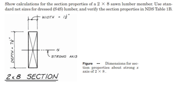 Show calculations for the section properties of a 2 X 8 sawn lumber member. Use stan-
dard net sizes for dressed (S4S) lumber, and verify the section properties in NDS Table 1B.
WIDTH = 12"
14
DEPTH-74"
STRON
STRONG AXIS
2x8 SECTION
Figure -- Dimensions for sec-
tion properties about strong x
axis of 2 x 8.