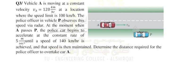 hr
Q3/ Vehicle A is moving at a constant
velocity VA 120-
=
at a location
where the speed limit is 100 km/h. The
police officer in vehicle P observes this
speed via radar. At the moment when
A passes P, the police car begins to
accelerate at the constant rate of
5 until a speed of 140 km/hr is
A
sec
achieved, and that speed is then maintained. Determine the distance required for the
police officer to overtake car A.
ntained. De
TU ENGINEERING COLLEGE-ALSHIRQAT