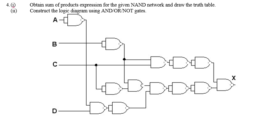 4. (i)
(ii)
Obtain sum of products expression for the given NAND network and draw the truth table.
Construct the logic diagram using AND/OR/NOT gates.
A
B
D-
