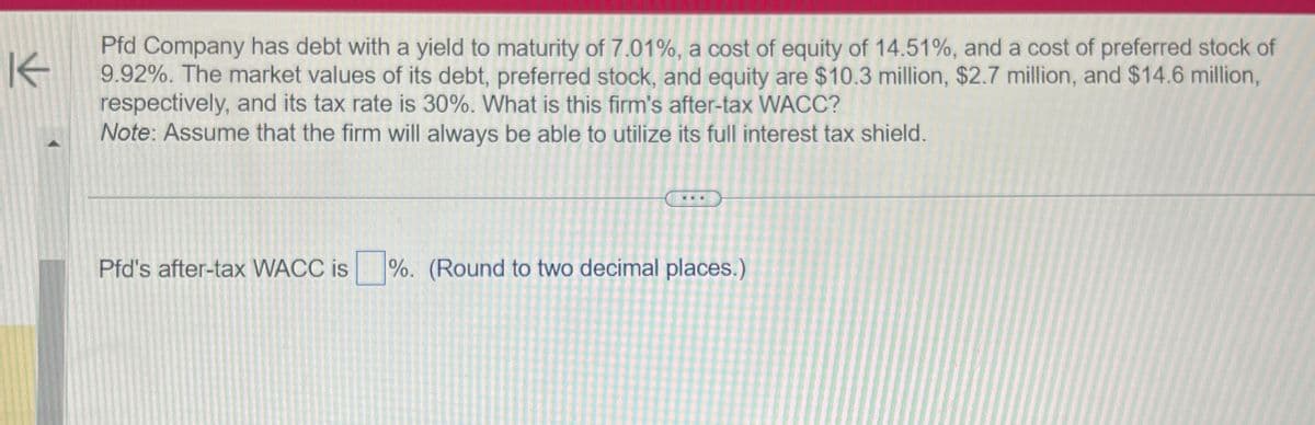 K
Pfd Company has debt with a yield to maturity of 7.01%, a cost of equity of 14.51%, and a cost of preferred stock of
9.92%. The market values of its debt, preferred stock, and equity are $10.3 million, $2.7 million, and $14.6 million,
respectively, and its tax rate is 30%. What is this firm's after-tax WACC?
Note: Assume that the firm will always be able to utilize its full interest tax shield.
Pfd's after-tax WACC is %. (Round to two decimal places.)