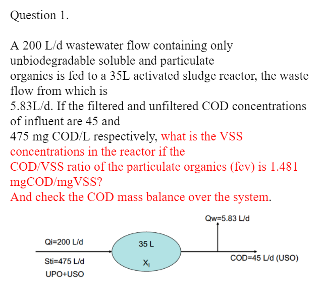 Question 1.
A 200 L/d wastewater flow containing only
unbiodegradable soluble and particulate
organics is fed to a 35L activated sludge reactor, the waste
flow from which is
5.83L/d. If the filtered and unfiltered COD concentrations
of influent are 45 and
475 mg COD/L respectively, what is the VSS
concentrations in the reactor if the
COD/VSS ratio of the particulate organics (fcv) is 1.481
mgCOD/mgVSS?
And check the COD mass balance over the system.
Qw=5.83 L/d
Qi=200 L/d
35 L
COD=45 L/d (USO)
Sti=475 L/d
X,
UPO+USO
