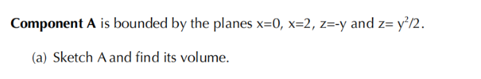 Component A is bounded by the planes x=0, x=2, z=-y and z= y²/2.
(a) Sketch A and find its volume.