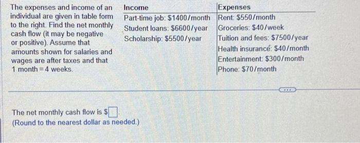 The expenses and income of an
individual are given in table form
to the right. Find the net monthly
cash flow (it may be negative
or positive). Assume that
amounts shown for salaries and
wages are after taxes and that
1 month= 4 weeks.
Income
Part-time job: $1400/month
Student loans: $6600/year
Scholarship: $5500/year
The net monthly cash flow is $
(Round to the nearest dollar as needed.)
Expenses
Rent: $550/month
Groceries: $40/week
Tuition and fees: $7500/year
Health insurance: $40/month
Entertainment: $300/month
Phone: $70/month
CINCI