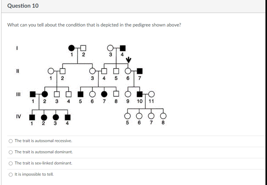 Question 10
What can you tell about the condition that is depicted in the pedigree shown above?
4
II
1
3
4
5
6
7
8 9
10
11
IV
6
7
8
The trait is autosomal recessive.
O The trait is autosomal dominant.
O The trait is sex-linked dominant.
O It is impossible to tell.

