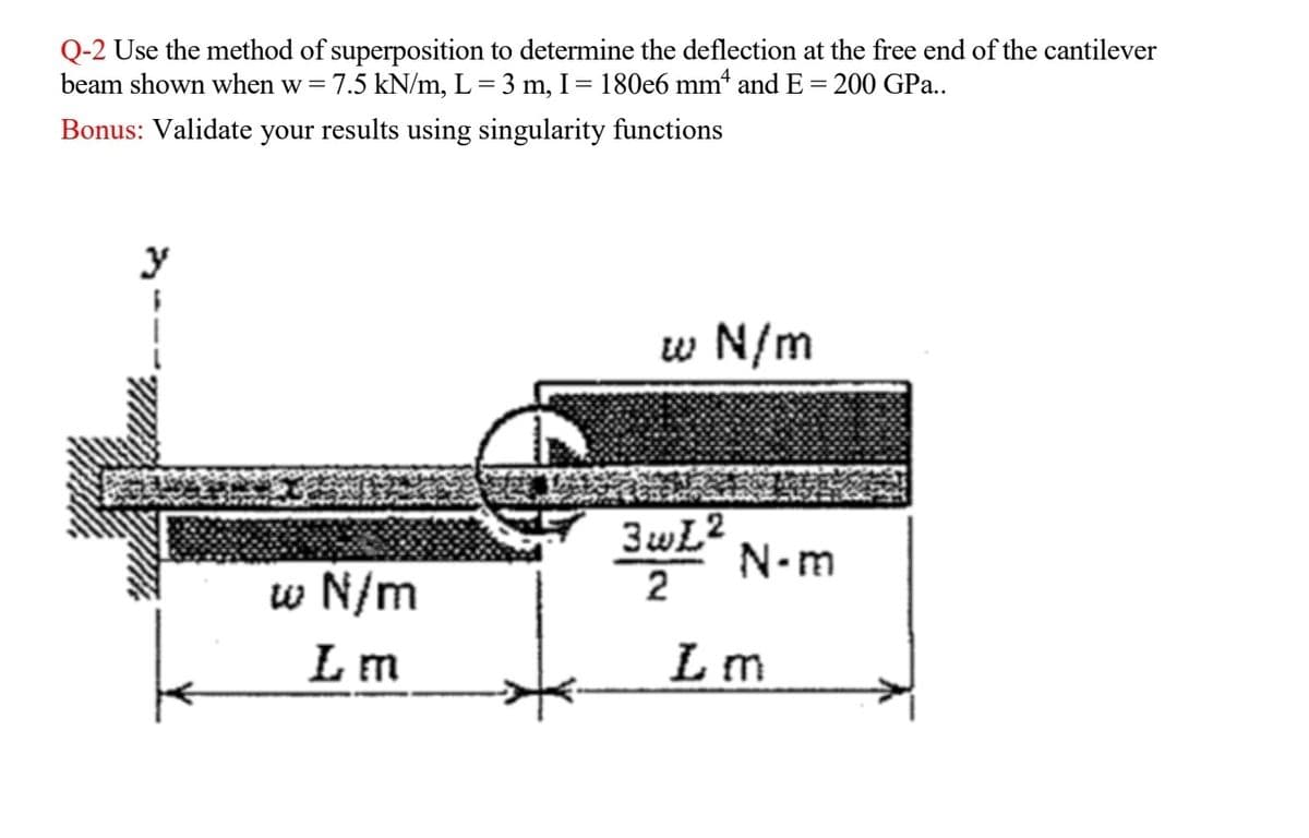 Q-2 Use the method of superposition to determine the deflection at the free end of the cantilever
beam shown when w = 7.5 kN/m, L = 3 m, I = 180e6 mm² and E = 200 GPa..
Bonus: Validate your results using singularity functions
3
w N/m
3wL2
N-m
w N/m
Lm
2
Lm