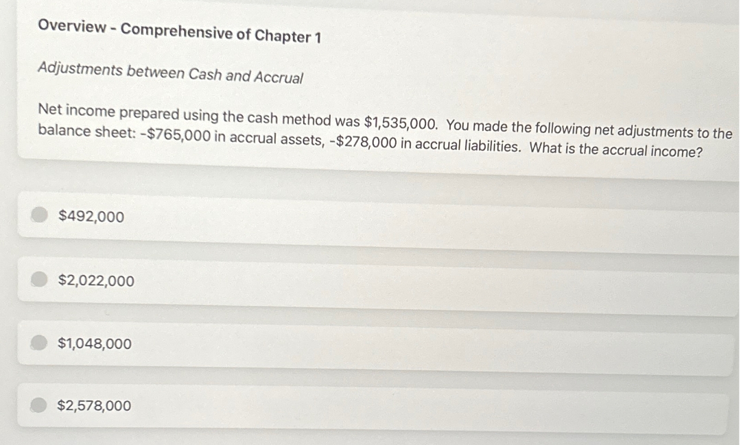 Overview - Comprehensive of Chapter 1
Adjustments between Cash and Accrual
Net income prepared using the cash method was $1,535,000. You made the following net adjustments to the
balance sheet: -$765,000 in accrual assets, -$278,000 in accrual liabilities. What is the accrual income?
$492,000
$2,022,000
$1,048,000
$2,578,000