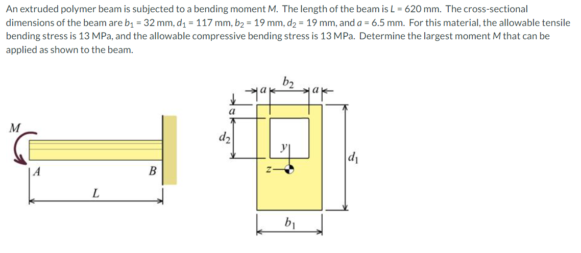 An extruded polymer beam is subjected to a bending moment M. The length of the beam is L = 620 mm. The cross-sectional
dimensions of the beam are b1 = 32 mm, d1 = 117 mm, b2 = 19 mm, d2 = 19 mm, and a = 6.5 mm. For this material, the allowable tensile
bending stress is 13 MPa, and the allowable compressive bending stress is 13 MPa. Determine the largest moment M that can be
applied as shown to the beam.
b2
a
M
| A
В
