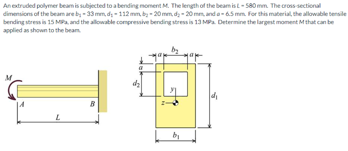 An extruded polymer beam is subjected to a bending moment M. The length of the beam is L = 580 mm. The cross-sectional
dimensions of the beam are b1 = 33 mm, d1 = 112 mm, b2 = 20 mm, d2 = 20 mm, and a = 6.5 mm. For this material, the allowable tensile
bending stress is 15 MPa, and the allowable compressive bending stress is 13 MPa. Determine the largest moment M that can be
applied as shown to the beam.
b2
a
a
M
d2
A
B
bị

