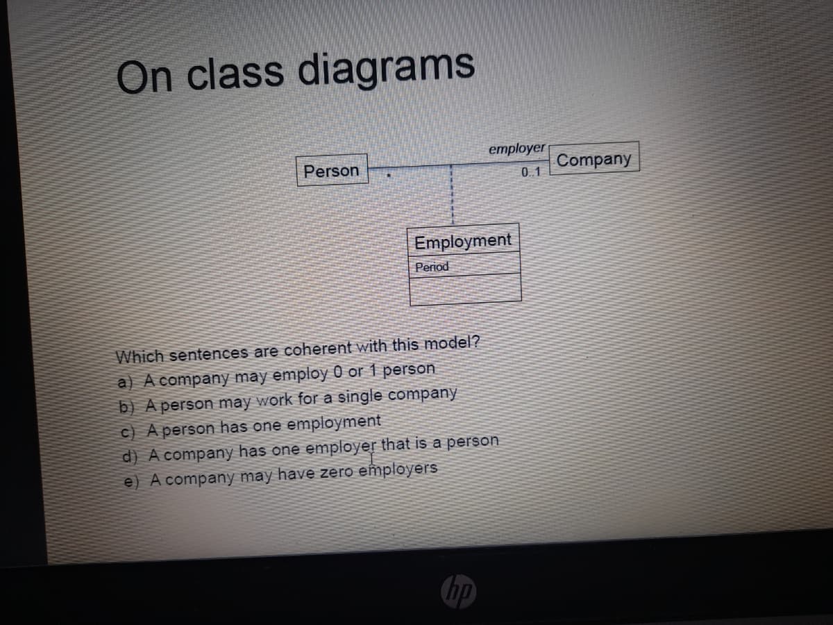 On class diagrams
employer
Person
Company
0.1
Employment
Period
Which sentences are coherent with this model?
a) A company may employ 0 or 1 person
b) A person may work for a single company
c) A person has one employment
d) A company has one employer that is a person
e) A company may have zero employers
hp
