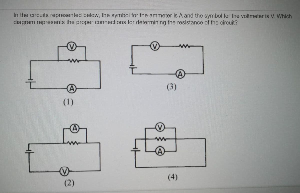 In the circuits represented below, the symbol for the ammeter is A and the symbol for the voltmeter is V. Which
diagram represents the proper connections for determining the resistance of the circuit?
(3)
(1)
(4)
(2)
