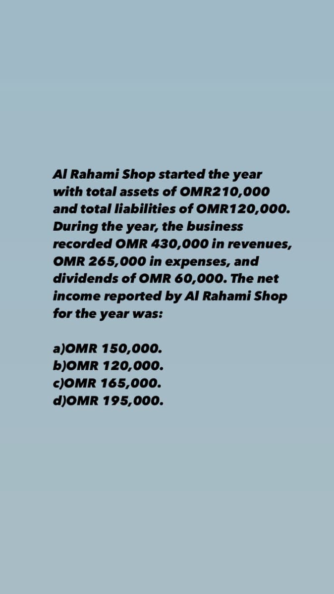 Al Rahami Shop started the year
with total assets of OMR210,000
and total liabilities of OMR120,000.
During the year, the business
recorded OMR 430,000 in revenues,
OMR 265,000 in expenses, and
dividends of OMR 60,000. The net
income reported by Al Rahami Shop
for the year was:
a)OMR 150,000.
b)OMR 120,000.
c)OMR 165,000.
d)OMR 195,000.
