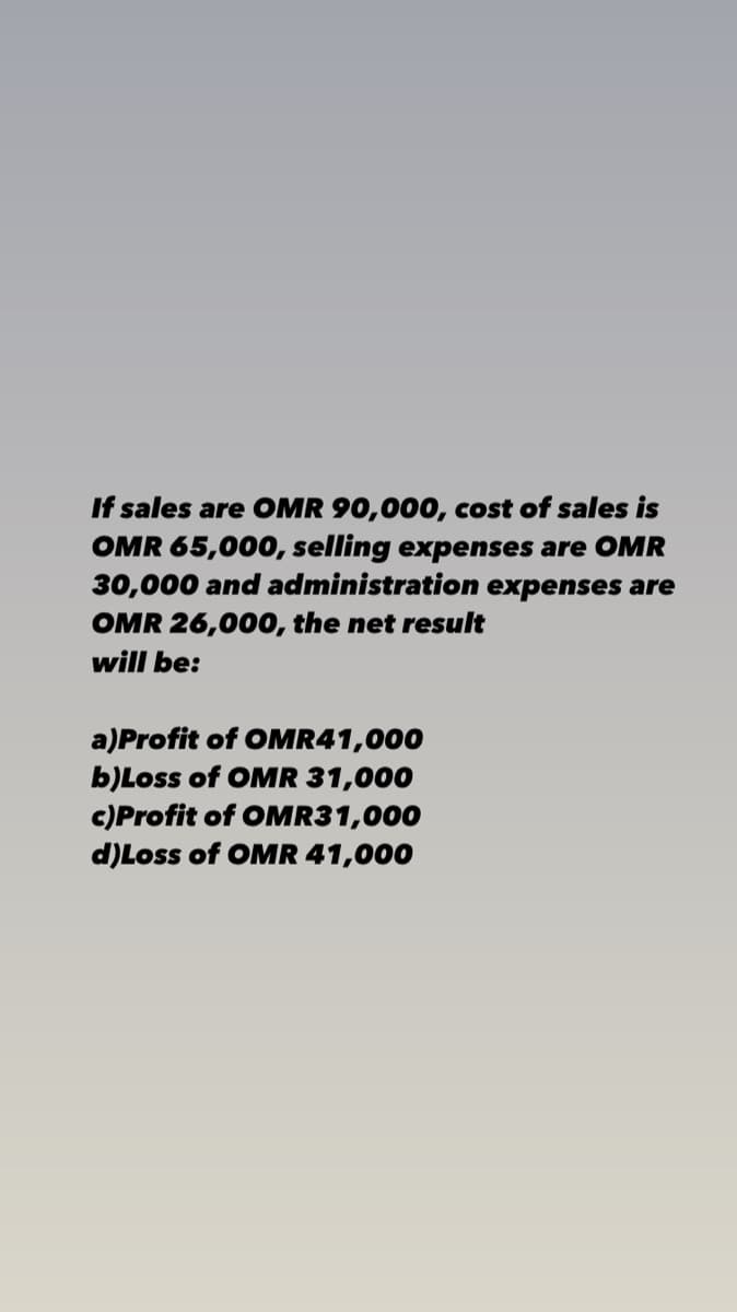 If sales are OMR 90,000, cost of sales is
OMR 65,000, selling expenses are OMR
30,000 and administration expenses are
OMR 26,000, the net result
will be:
a)Profit of OMR41,000
b)Loss of OMR 31,000
c)Profit of OMR31,000
d)Loss of OMR 41,000
