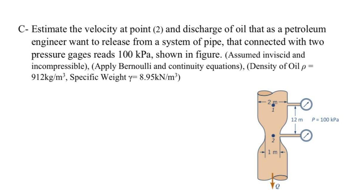 C- Estimate the velocity at point (2) and discharge of oil that as a petroleum
engineer want to release from a system of pipe, that connected with two
pressure gages reads 100 kPa, shown in figure. (Assumed inviscid and
incompressible), (Apply Bernoulli and continuity equations), (Density of Oil p =
912kg/m', Specific Weight y= 8.95KN/m³)
%3|
12 m
P = 100 kPa
1 m
