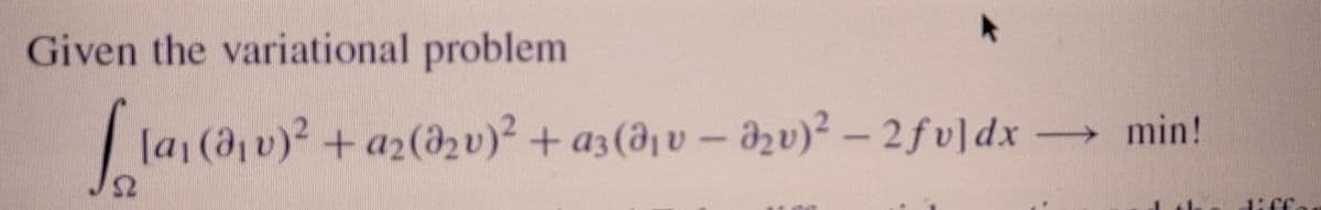 Given the variational problem
Llancar
[a₁ (ə₁v)² + a₂(ə₂v)² + az(d₁v-₂v)² - 2ƒv]dx → min!
52
160