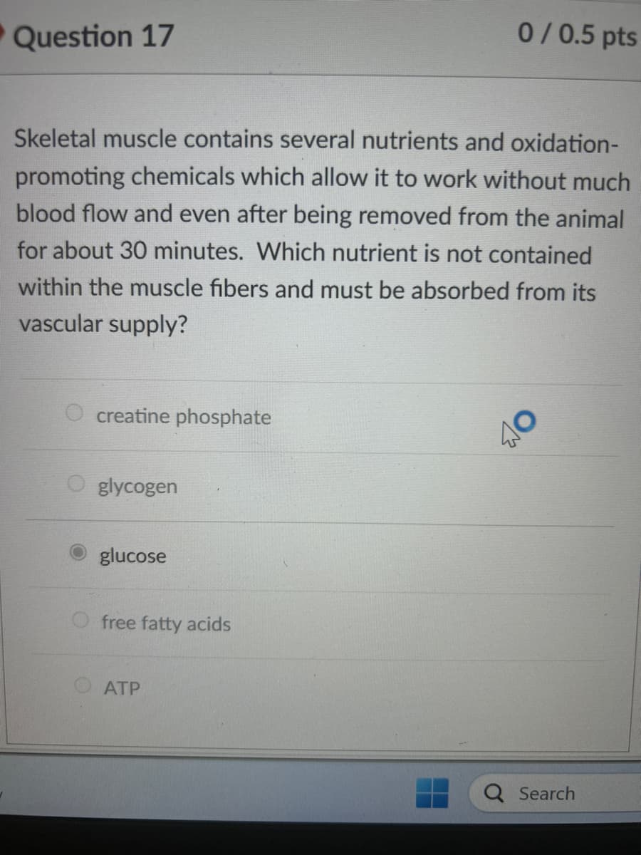 Question 17
Skeletal muscle contains several nutrients and oxidation-
promoting chemicals which allow it to work without much
blood flow and even after being removed from the animal
for about 30 minutes. Which nutrient is not contained
within the muscle fibers and must be absorbed from its
vascular supply?
creatine phosphate
glycogen
glucose
free fatty acids
ATP
0/0.5 pts
▬▬
40
Search