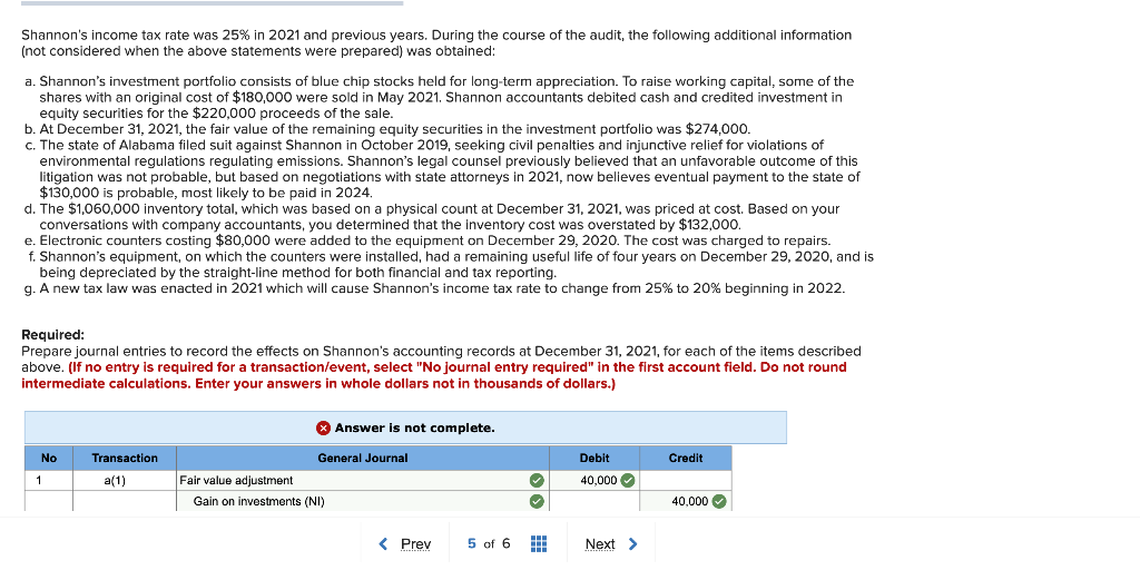 Shannon's income tax rate was 25% in 2021 and previous years. During the course of the audit, the following additional information
(not considered when the above statements were prepared) was obtained:
a. Shannon's investment portfolio consists of blue chip stocks held for long-term appreciation. To raise working capital, some of the
shares with an original cost of $180,000 were sold in May 2021. Shannon accountants debited cash and credited investment in
equity securities for the $220,000 proceeds of the sale.
b. At December 31, 2021, the fair value of the remaining equity securities in the investment portfolio was $274,000.
c. The state of Alabama filed suit against Shannon in October 2019, seeking civil penalties and injunctive relief for violations of
environmental regulations regulating emissions. Shannon's legal counsel previously believed that an unfavorable outcome of this
litigation was not probable, but based on negotiations with state attorneys in 2021, now believes eventual payment to the state of
$130,000 is probable, most likely to be paid in 2024.
d. The $1,060,000 inventory total, which was based on a physical count at December 31, 2021, was priced at cost. Based on your
conversations with company accountants, you determined that the inventory cost was overstated by $132,000.
e. Electronic counters costing $80,000 were added to the equipment on December 29, 2020. The cost was charged to repairs.
f. Shannon's equipment, on which the counters were installed, had a remaining useful life of four years on December 29, 2020, and is
being depreciated by the straight-line method for both financial and tax reporting.
g. A new tax law was enacted in 2021 which will cause Shannon's income tax rate to change from 25% to 20% beginning in 2022.
Required:
Prepare journal entries to record the effects on Shannon's accounting records at December 31, 2021, for each of the items described
above. (If no entry is required for a transaction/event, select "No journal entry required" in the first account field. Do not round
intermediate calculations. Enter your answers in whole dollars not in thousands of dollars.)
O Answer is not complete.
No
Transaction
General Journal
Debit
Credit
a(1)
Fair value adjustment
40,000 O
Gain on investments (NI)
40,000 O
< Prev
5 of 6 E
Next >
