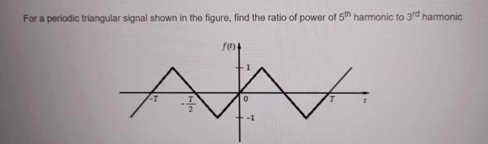 For a periodic triangular signal shown in the figure, find the ratio of power of 5th harmonic to 3rd harmonic
f(t)
A
-T
72
1
0
-1