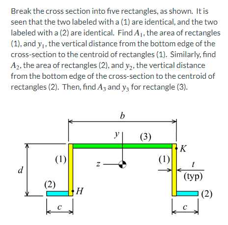 Break the cross section into five rectangles, as shown. It is
seen that the two labeled with a (1) are identical, and the two
labeled with a (2) are identical. Find A, the area of rectangles
(1), and y,, the vertical distance from the bottom edge of the
cross-section to the centroid of rectangles (1). Similarly, find
A2, the area of rectangles (2), and y, the vertical distance
from the bottom edge of the cross-section to the centroid of
rectangles (2). Then, find Az and y, for rectangle (3).
y
(3)
K
(1)
(1)
t
d
(Сур)
(2)
(2)
