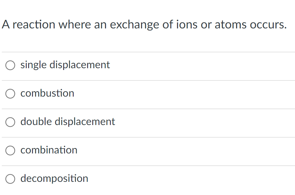 A reaction where an exchange of ions or atoms occurs.
O single displacement
combustion
double displacement
combination
O decomposition