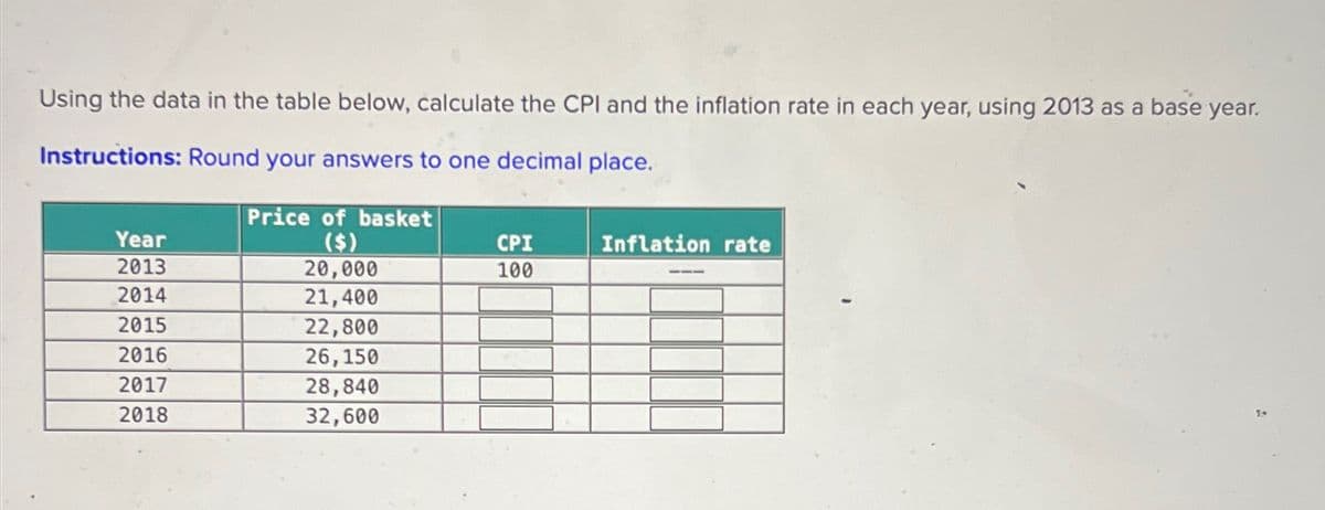 Using the data in the table below, calculate the CPI and the inflation rate in each year, using 2013 as a base year.
Instructions: Round your answers to one decimal place.
Price of basket
Year
($)
CPI
Inflation rate
2013
20,000
100
2014
21,400
2015
22,800
2016
26,150
2017
28,840
2018
32,600