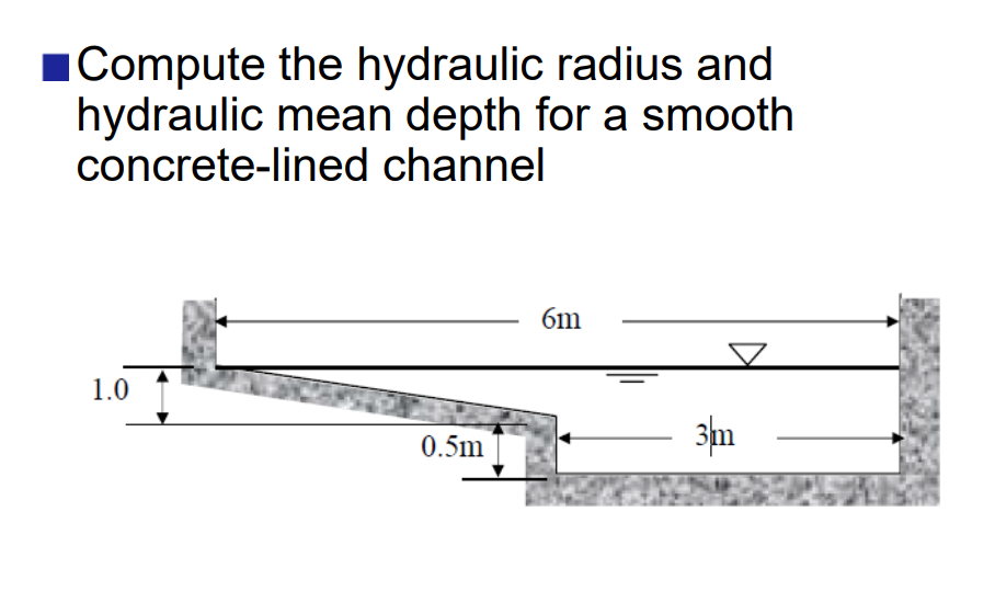 1Compute the hydraulic radius and
hydraulic mean depth for a smooth
concrete-lined channel
6m
1.0
0.5m
3n
