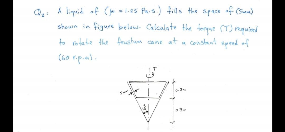 Q,; A liquid of (u =1.25 Pas.) fills the space of (Smm)
shown in figure below. Calculate the forque (T) required
to rotate the frustum cone
at
constant
Speed of
(60 rip.un).
o. 3m
a.7m
