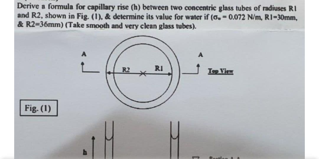 Derive a formula for capillary rise (h) between two concentric glass tubes of radiuses RI
and R2, shown in Fig. (1), & determine its value for water if (ou= 0.072 N/m, R1-30mm,
& R2=36mm) (Take smooth and very clean glass tubes).
A
A
R2
RI
Top View
Fig. (1)
