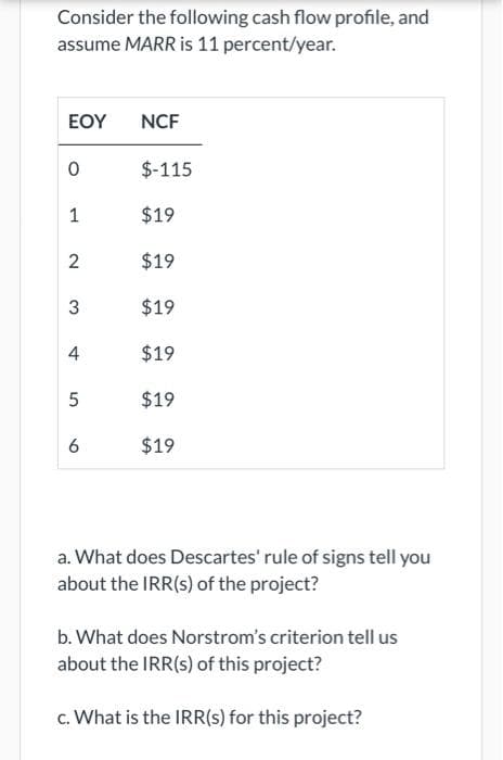 Consider the following cash flow profile, and
assume MARR is 11 percent/year.
ΕΟΥ
NCF
$-115
1
$19
$19
3
$19
4
$19
5
$19
$19
a. What does Descartes' rule of signs tell you
about the IRR(s) of the project?
b. What does Norstrom's criterion tell us
about the IRR(s) of this project?
c. What is the IRR(s) for this project?
