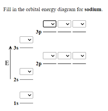 Fill in the orbital energy diagram for sodium.
3p
3s
E
2p
2s -
1s-
