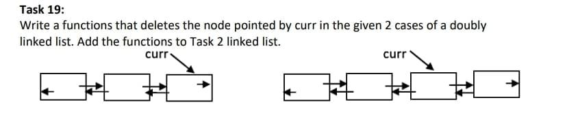 Task 19:
Write a functions that deletes the node pointed by curr in the given 2 cases of a doubly
linked list. Add the functions to Task 2 linked list.
curr
curr

