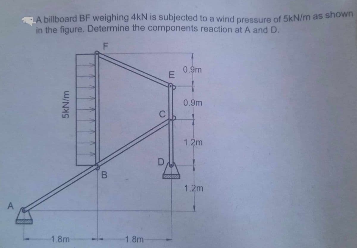 A
A billboard BF weighing 4KN is subjected to a wind pressure of 5kN/m as shown
in the figure. Determine the components reaction at A and D.
F
5kN/m
1.8m
B
-1.8m-
C
E
0.9m
0.9m
1.2m
1.2m
