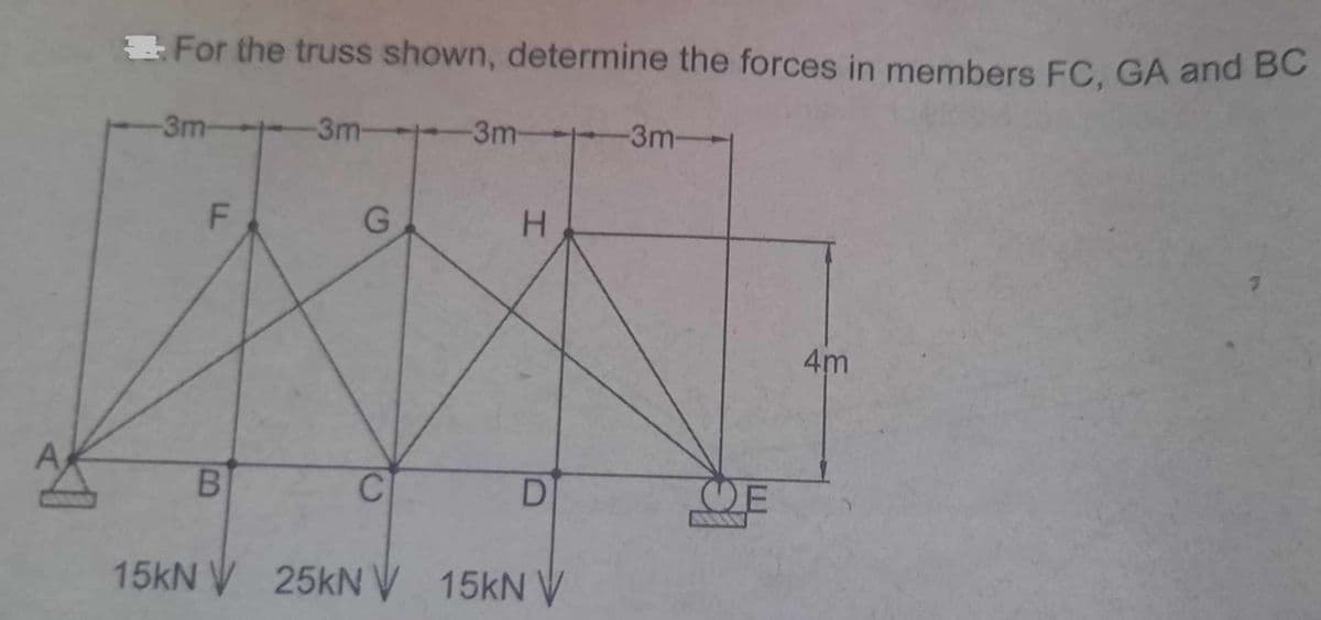 For the truss shown, determine the forces in members FC, GA and BC
-3m 3m 3m-
-3m-
F
B
G
C
H
D
15KN V 25KN V 15kN V
E
4m