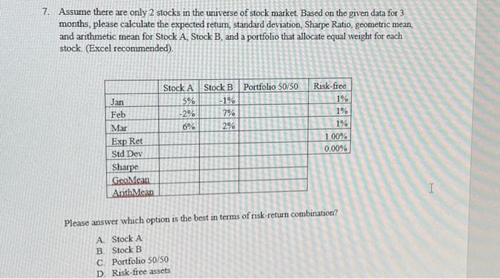 7. Assume there are only 2 stocks in the universe of stock market. Based on the given data for 3
months, please calculate the expected return, standard deviation, Sharpe Ratio, geometric mean,
and arithmetic mean for Stock A, Stock B, and a portfolio that allocate equal weight for each
stock. (Excel recommended).
Jan
Feb
Mar
Exp Ret
Std Dev
Sharpe
GeoMean
ArthMean
Stock A
5%
-2%
6%
Stock B Portfolio 50/50
-1%
7%
2%
C. Portfolio 50/50
D. Risk-free assets
Risk-free
1%
1%
1%
1.00%
0.00%
Please answer which option is the best in terms of risk-return combination?
A. Stock A
B. Stock B