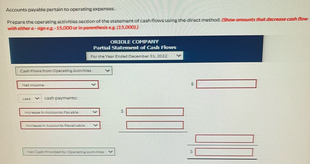 Accounts payable pertain to operating expenses.
Prepare the operating activities section of the statement of cash flows using the direct method. (Show amounts that decrease cash flow
with either a-sign e.g.-15,000 or in parenthesis e.g. (15,000))
Cash Flows from Operating Activities
Net Income
Less Y cash payments:
Increase in Accounts Payable
ORIOLE COMPANY
Partial Statement of Cash Flows
For the Year Ended December 31, 2022
Increase in Accounts Receivable
Net Cash Provided by Operating Activities ✓
S
1