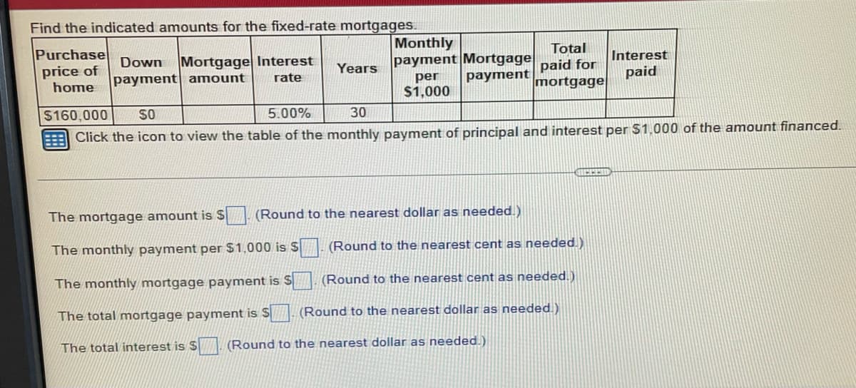 Find the indicated amounts for the fixed-rate mortgages.
Purchase
price of
home
$160,000
SO
5.00%
30
Click the icon to view the table of the monthly payment of principal and interest per $1,000 of the amount financed.
Down Mortgage Interest
payment amount
rate
Years
Monthly
payment Mortgage paid for
Total
payment
mortgage
per
$1,000
ICHHI
The mortgage amount is S (Round to the nearest dollar as needed.)
The monthly payment per $1,000 is S. (Round to the nearest cent as needed.)
The monthly mortgage payment is S
The total mortgage payment is S
The total interest is $
(Round to the nearest cent as needed.)
(Round to the nearest dollar as needed.)
(Round to the nearest dollar as needed.)
Interest
paid