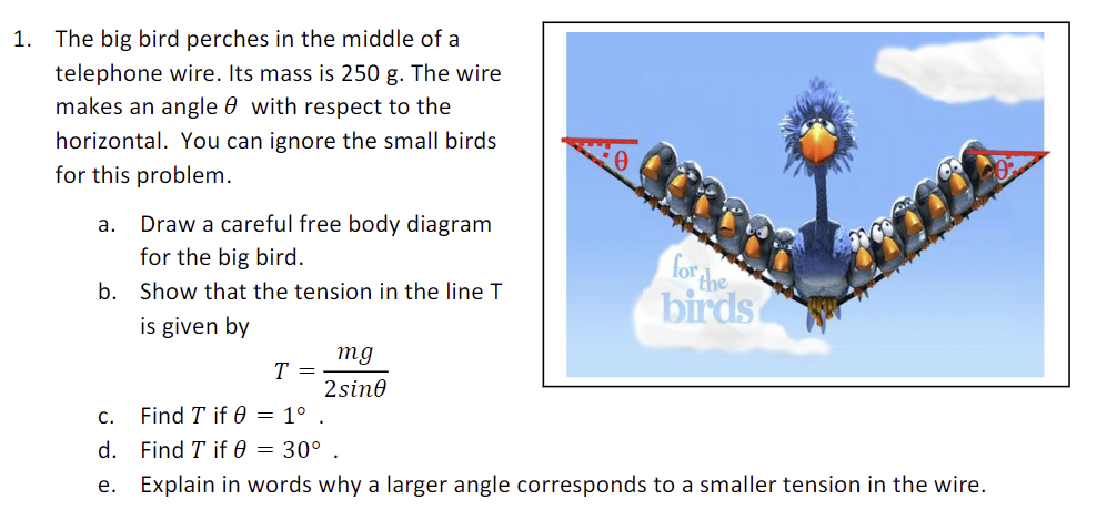 1. The big bird perches in the middle of a
telephone wire. Its mass is 250 g. The wire
makes an angle with respect to the
horizontal. You can ignore the small birds
for this problem.
Draw a careful free body diagram
for the big bird.
b. Show that the tension in the line T
is given by
a.
C.
d.
e.
mg
2sin0
for A
the
birds
T =
Find T if 0
1°
Find T if 0 = 30°
Explain in words why a larger angle corresponds to a smaller tension in the wire.