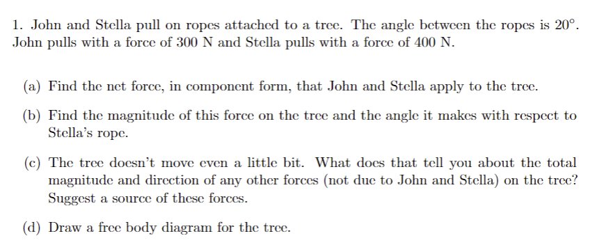 1. John and Stella pull on ropes attached to a tree. The angle between the ropes is 20°.
John pulls with a force of 300 N and Stella pulls with a force of 400 N.
(a) Find the net force, in component form, that John and Stella apply to the tree.
(b) Find the magnitude of this force on the tree and the angle it makes with respect to
Stella's rope.
(c) The tree doesn't move even a little bit. What does that tell you about the total
magnitude and direction of any other forces (not due to John and Stella) on the tree?
Suggest a source of these forces.
(d) Draw a free body diagram for the tree.