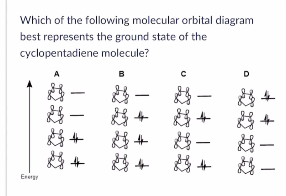 Which of the following molecular orbital diagram
best represents the ground state of the
cyclopentadiene molecule?
Energy
A
-
-
B
-
-
G #
-
G+ G +
S
-
-