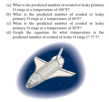 (a) What is the predicted number of eroded or leaky primary
O-rings at a temperature of 100°F?
(b) What is the predicted number of eroded or leaky
primary O-rings at a temperature of 60°F?
(c) What is the predicted number of eroded or leaky
primary O-rings at a temperature of 30°F?
(d) Graph the equation. At what temperature is the
predicted number of eroded or leaky O-rings 1? 3? 5?
